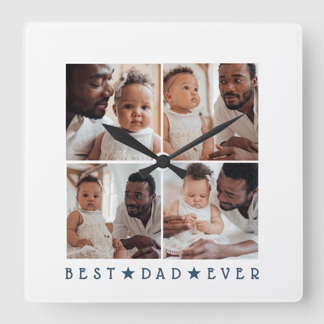 Personalised Modern 4-Photo 'Best Dad Ever' Square Wall Clock (Front)