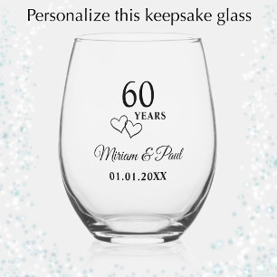 Personalised Modern 60th Wedding Anniversary Gift Stemless Wine Glass