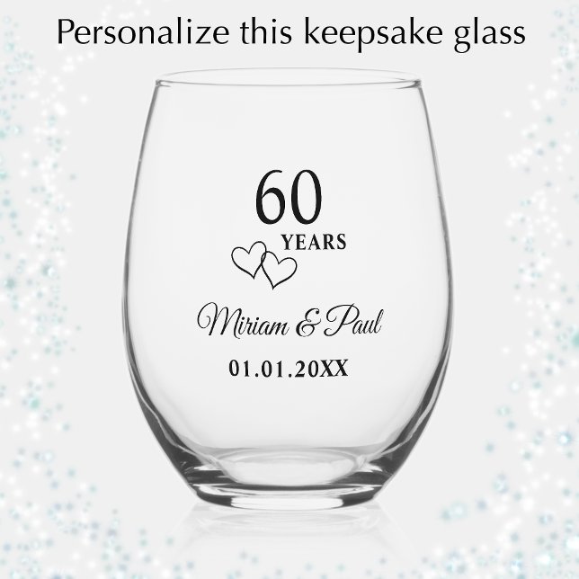 Personalised Modern 60th Wedding Anniversary Gift Stemless Wine Glass (Personalize this elegant 60th wedding anniversary glass for a lovely keepsake gift.)