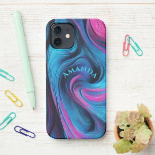 Personalised Modern Abstract-Blue and Fuchsia iPhone 12 Case