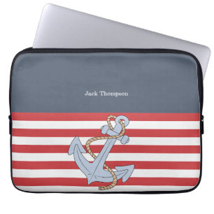 Personalised modern anchor navy and red laptop sleeve