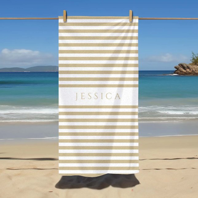Personalised Modern Beige Striped Pattern Beach Towel (Personalized Modern Beige Striped Pattern Beach Towel)