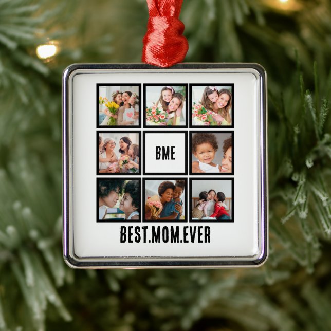 Personalised Modern Best Mum Ever 8 Photo Collage Metal Tree Decoration (Tree)