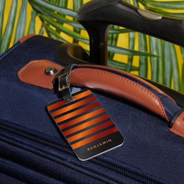 Personalised Modern Black and Orange Luggage Tag (Front Insitu 1)