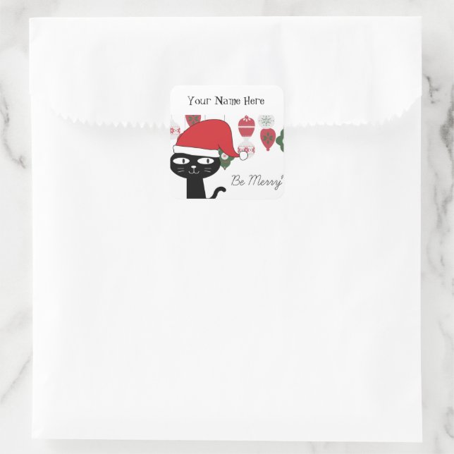 Personalised Modern Black and White Be Merry Cat Square Sticker (Bag)