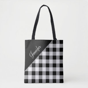 Personalised Modern Black And White Buffalo Check Tote Bag