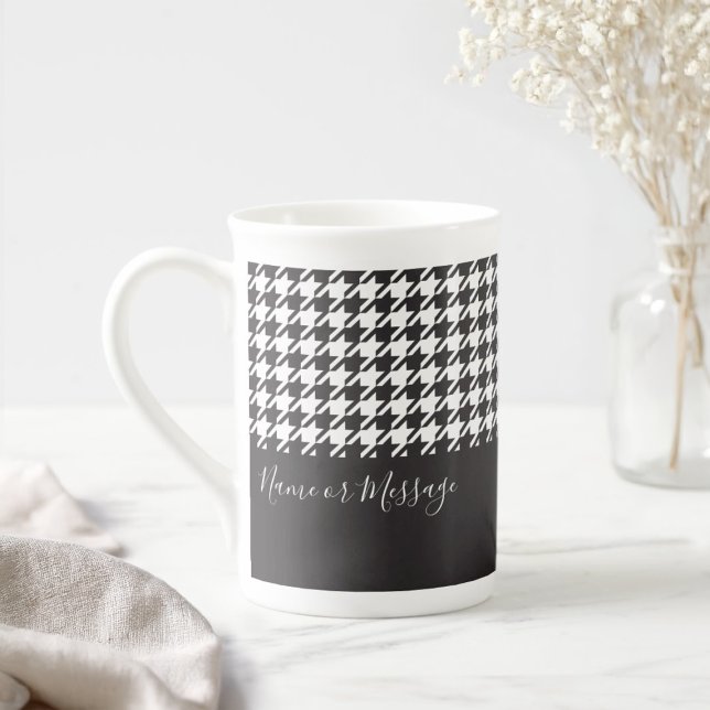 Personalised Modern Black and White Houndstooth Bone China Mug (Creator Uploaded)