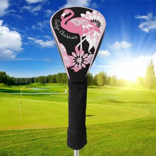 Personalised Modern Black Paisley Pink Flamingo Golf Head Cover