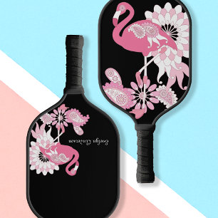 Personalised Modern Black Paisley Pink Flamingo Pickleball Paddle
