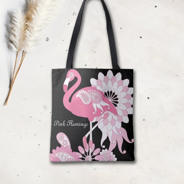 Personalised Modern Black Paisley Pink Flamingo Tote Bag (Creator Uploaded)