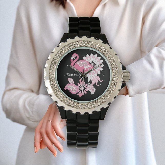 Personalised Modern Black Paisley Pink Flamingo Watch (Creator Uploaded)