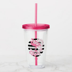 Personalised Modern Black Stripe Pink Flamingo Acrylic Tumbler