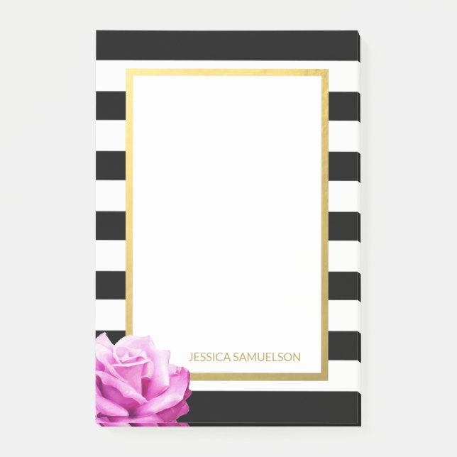 Personalised Modern Black White Stripes Pink Rose Post-it Notes (Front)