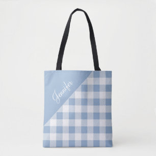 Personalised Modern Blue Check Gingham  Tote Bag