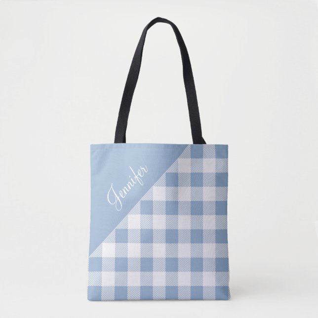 Personalised Modern Blue Check Gingham  Tote Bag (Front)