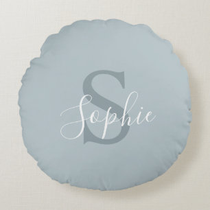 Personalised Modern Blue Family Name Monogram Round Cushion