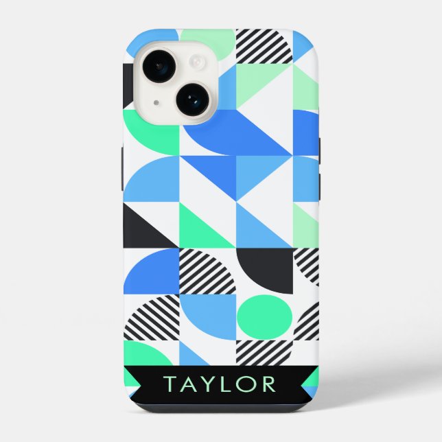 Personalised Modern Blue Mint Geometric iPhone Case (Back)