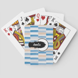Personalised Modern Blue Peach Watercolor Striped  Playing Cards