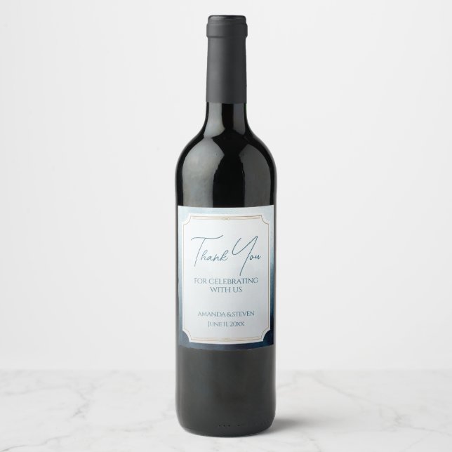 Personalised Modern Blue Wedding Wine Label (Front)