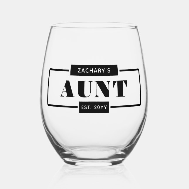 Personalised Modern Bold Aunt Est New Aunt Stemless Wine Glass (Front)