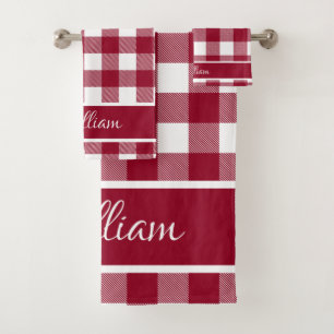 Personalised Modern Burgundy White Buffalo Checks Bath Towel Set