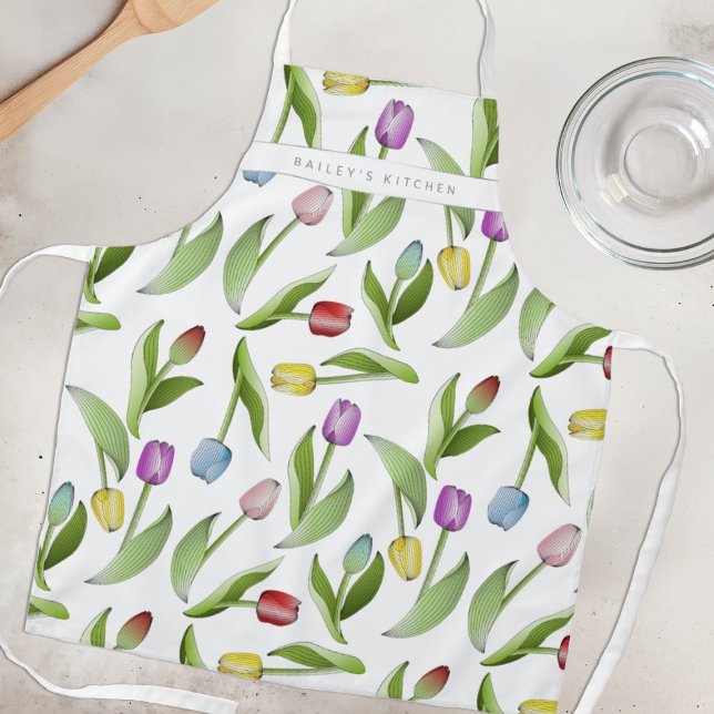 Personalised Modern Colourful Tulip Floral Pattern Apron (Creator Uploaded)