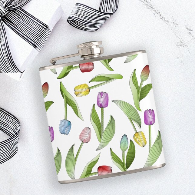 Personalised Modern Colourful Tulip Floral Pattern Hip Flask (Creator Uploaded)