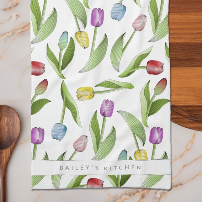 Personalised Modern Colourful Tulip Floral Pattern Tea Towel (Creator Uploaded)