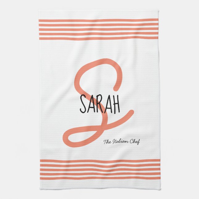 Personalised Modern Coral Elegant Monogram Chef Tea Towel (Vertical)