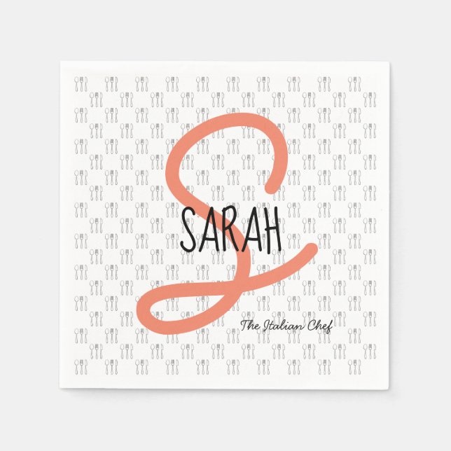 Personalised Modern Coral Elegant Monogram Napkin (Front)
