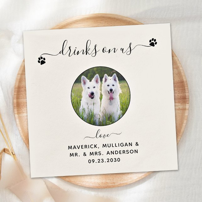 Personalised Modern Drinks On Us Photo Pet Wedding Napkin (Creator Uploaded)