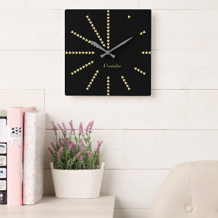 Personalised Modern Elegant Black Faux Gold Decor Square Wall Clock