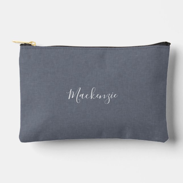 Personalised Modern Elegant Blue Grey Linen Accessory Pouch (Front)
