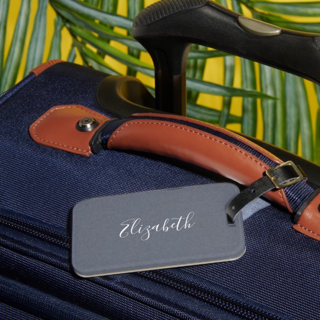 Personalised Modern Elegant Blue Grey Linen Luggage Tag (Front Insitu 3)