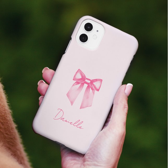 Personalised Modern Elegant Pink Bow Case-Mate iPhone Case (Barely there iphone case is shown on image. Add your name and choose the one for your iphone model.)