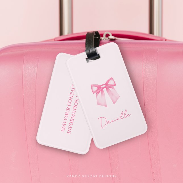 Personalised Modern Elegant Pink Bow Luggage Tag (Creator Uploaded)