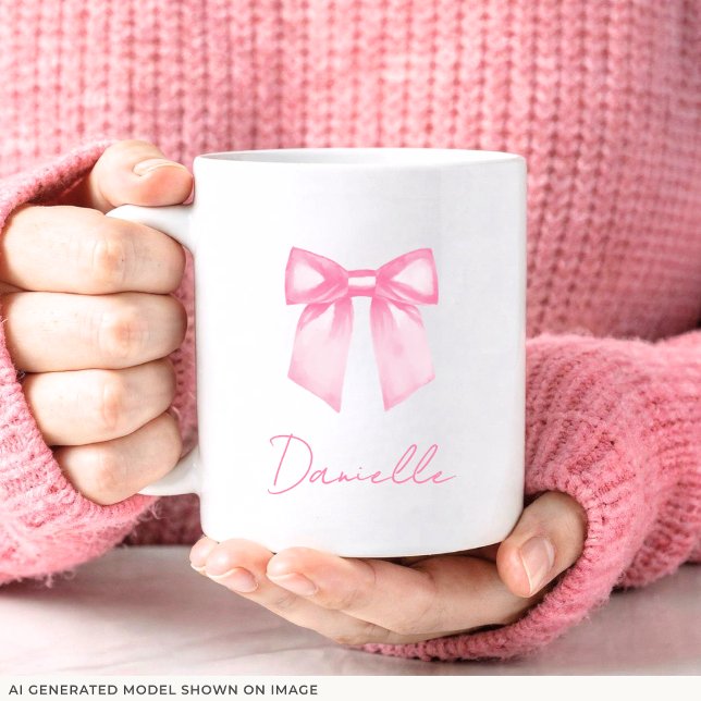 Personalised Modern Elegant Pink Bow Name Mug (11 oz Pink Bow Mug is shown. Customize it with your name.)
