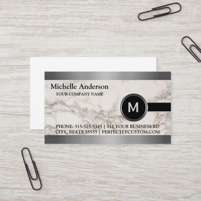 Personalised Modern Executive Grey Marble Monogram Business Card (Front/Back In Situ)