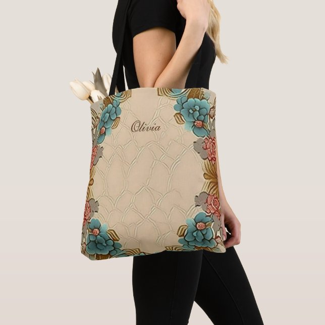 Personalised Modern Floral Beige Blue Orange Tote Bag (Close Up)