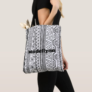 Personalised Modern Floral Black and White Pattern Tote Bag