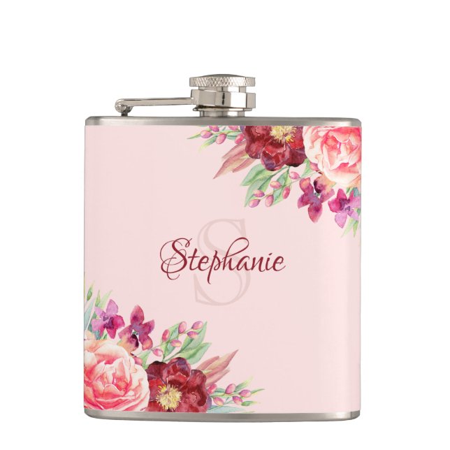 Personalised Modern Floral Burgundy Blush Monogram Hip Flask (Front)