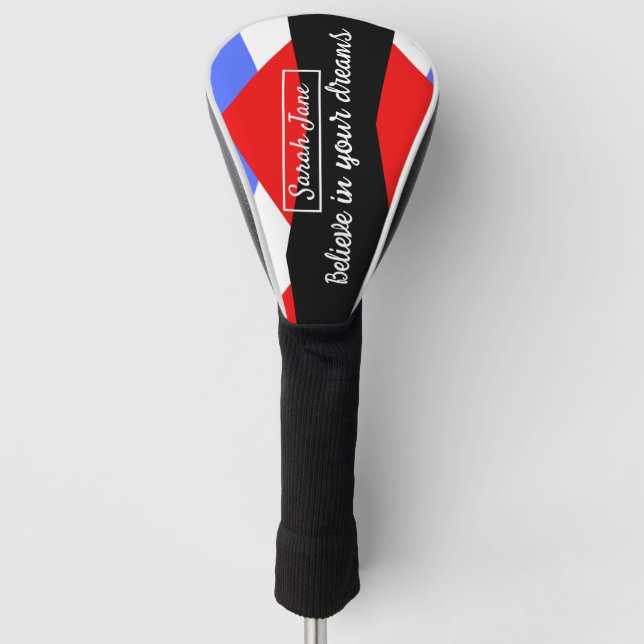 Personalised Modern Geometric Red & Blue Golf Head Cover (Front)