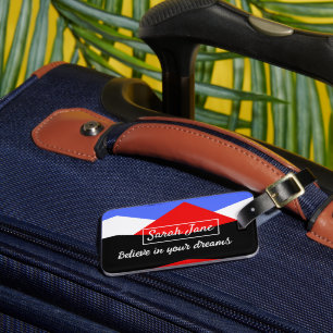 Personalised Modern Geometric Red & Blue Luggage Tag