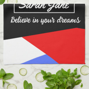 Personalised Modern Geometric Red & Blue Tea Towel