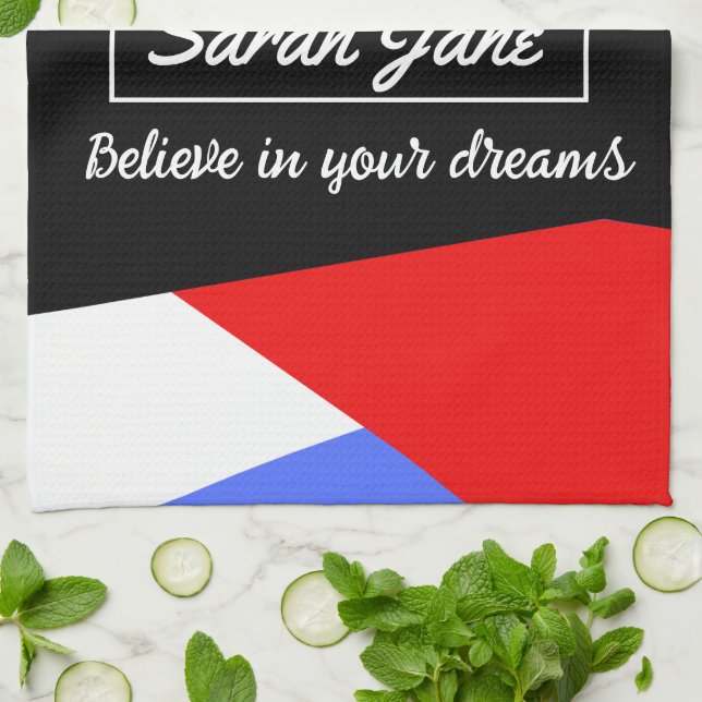 Personalised Modern Geometric Red & Blue Tea Towel (Folded)