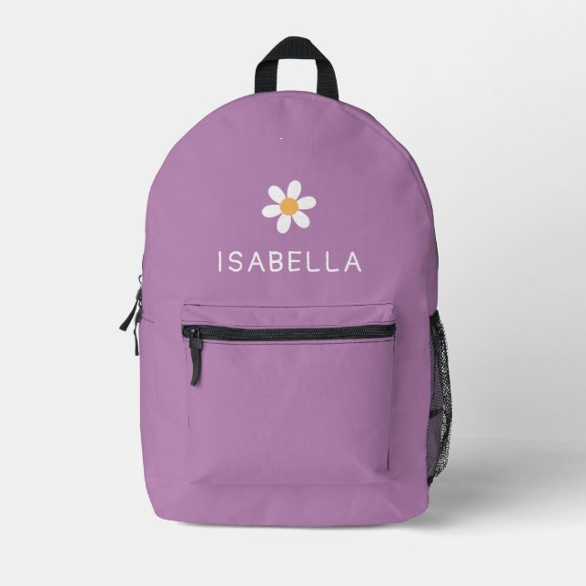 Personalised Modern Girly Purple Daisy Name Printed Backpack (Front)