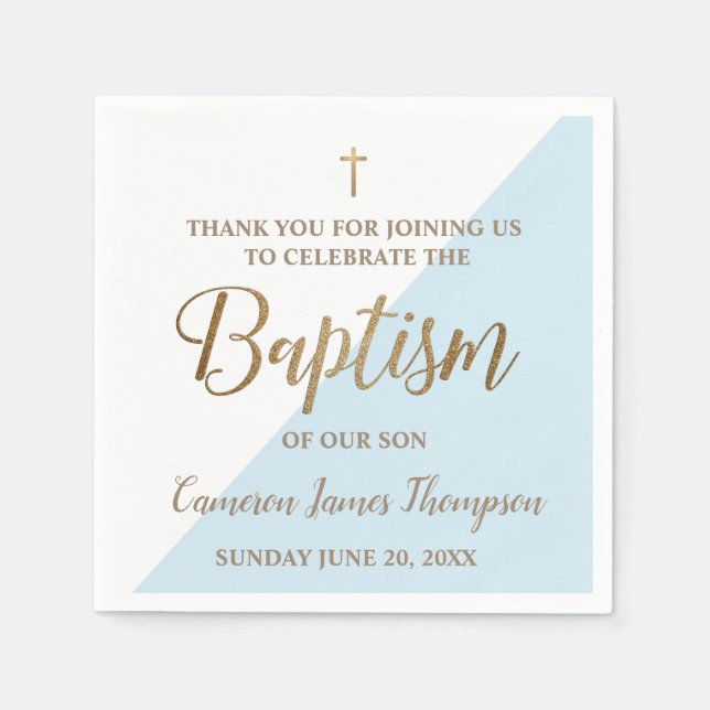 Personalised Modern gold blue and white baptism Napkin (Front)
