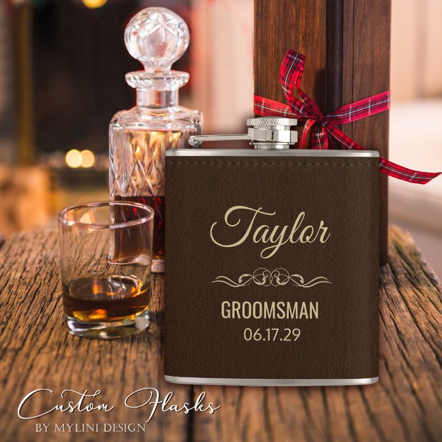 Personalised Modern Gold Script of Brown Leather Hip Flask (Creator Uploaded)