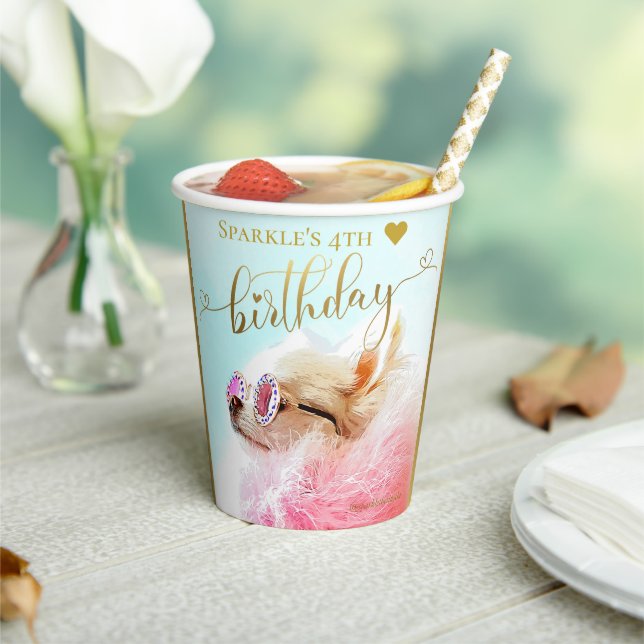 Personalised Modern Gold Script Pet Dog Birthday Paper Cups (Insitu)