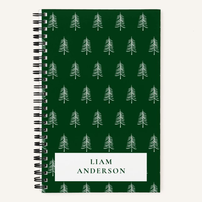 Personalised Modern Green Christmas Tree Pattern Notebook (Front)